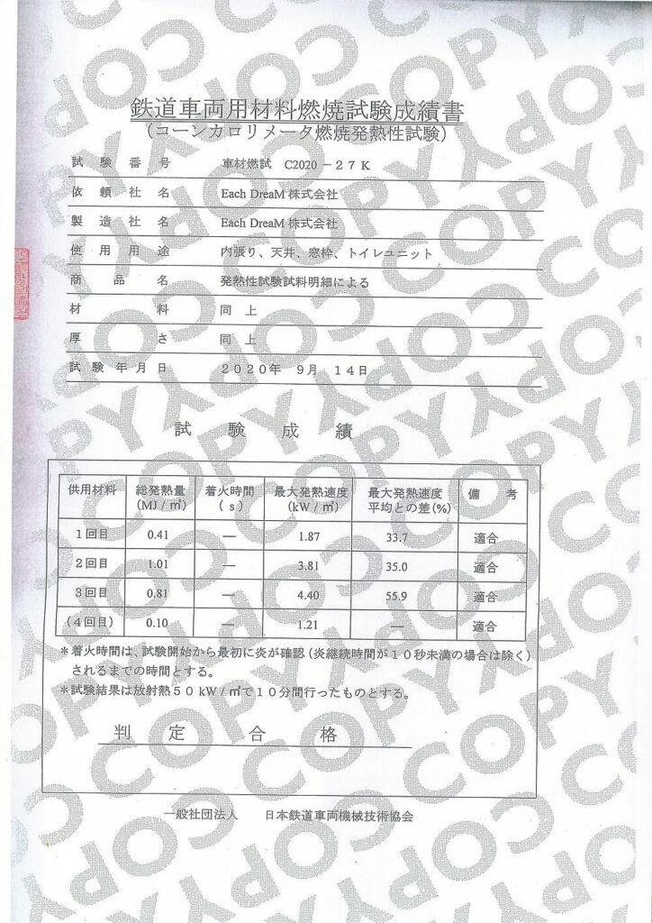 コーンカロリメータ発熱性試験成績書